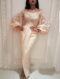 Plus Size Muslim Evening Dresses v neck 2019 Mermaid Long Sleeves Lace Slit Islamic Dubai Saudi Arabic Long Evening Gown Prom Dress