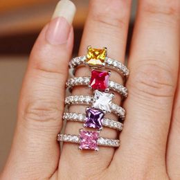 Wholesale Drop Shipping Luxury Handmade Jewelry 925 Sterling Silver Princess Cut Multi Color Topaz CZ Diamond Eternity Women Wedding Ring