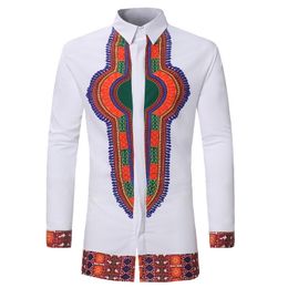 Laamei 2019 Vintage Men Shirt Casual Long Sleeve Shirt Plus Size Mens Clothing Fashion African Ethnic Print Male White