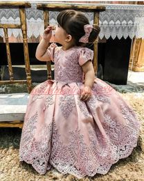 Princess Lace Pearls Flower Girls' Dresses Beads Applique Girl Birthday Formal Gowns First Communion Dresses Kids Tutu Pageant For Wedding