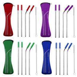 3pcs/set 5pcs/set 215x6mm Silicone Tip Cover 304 Stainless Steel Drinking Straws Straight/Bent Brush Reusable With Storage Zipper Bag