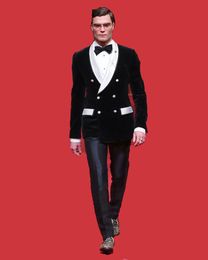 Fashion Black Velvet Mens Wedding Tuxedos Double-Breasted Groom Groomsmen Tuxedos Man Blazers Jacket Excellent 2Piece Suit(Jacket+Pants+Tie)