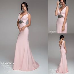 Tony Chaaya 2020 Prom Dresses Sexy V Neck Appliques Beads Satin Evening Gowns Backless Sweep Train Mermaid Special Occasion Dress