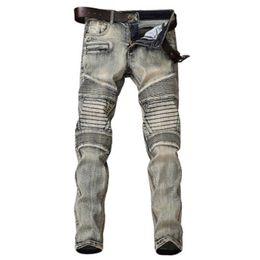 Mens Hole Stretch Slim Folds Jeans Mens Street Hip Hop Spring Models Fashion Designer Male Zipper Pencil Pants Jeans Clothing