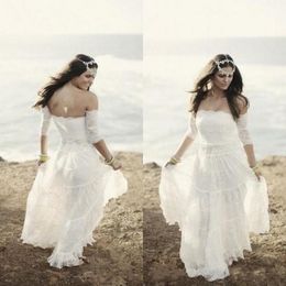 2019 New Summer Lace Beach Wedding Dresses Vintage Bohemian Bridal Gowns Strapless Boho Brides Gowns Vintage Dress with Short Sleeves 1175