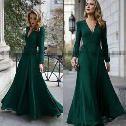 long sleeve green Evening dresses 2020 elegant sexy v neck simple modest cheap long sleeves prom gown custom made robe de soiree