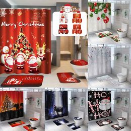 4//3 Pc Merry Christmas Shower Curtain Santa Claus Reindeer Snowman Bath Mat Rug