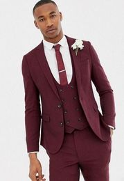 Excellent Burgundy Men Wedding Tuxedos Notch Lapel Groom Tuxedos Fashion Men Business Dinner Prom Blazer(Jacket+Pants+Tie+Vest) 673