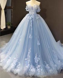 New Real Image Princess Wedding Quinceanera Dresses A Line Off Shoulder Lace 3D Applique Sweet 16 Gowns Sweep Train Backless Bridal Gowns