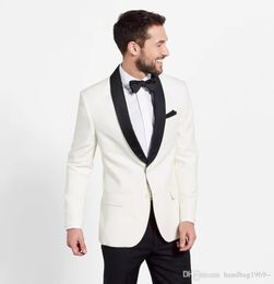 Handsome Ivory Groom Tuxedos Shawl Lapel Man Prom Party Coat Blazer Mens Work Suits (Jacket+Pants+Tie) H:992