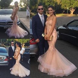 Blush Pink Mermaid Prom Dresses Sweetheart Neckline Lace Applique Beaded Tiered Custom Made Floor Length Gradution Evening Party Gowns 403 403