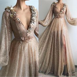 Sparkly Gold Sequins Prom Dresses Sexy Deep V Neck Long Poet Sleeves Handmade Flowers Crystal Beaded Evening Party Gown Formal Occasion Wear