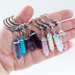 8pcs/Lot Natural Bullet Quartz Stone Keychain Pink Purple Quartz Stone Pendant Key Rings Crystal Key Chains Fashion Accessories