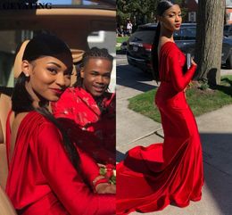 Sexy V Backless Red Prom Dresses With Long Sleeve Pleats Draped Black Girls Prom Dress Evening Formal Gowns cocktail party dresses Sweet 16