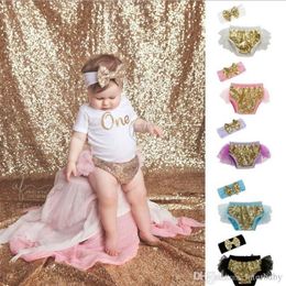 Baby Clothes Girls Sequins Bloomers Bow Headbands Set Ruffled Diaper Covers Hairband Kids Cotton Princess Shorts Boutique Underwear BYP3796