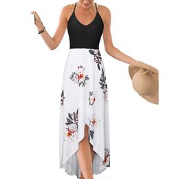Women Casual Sexy Dresses Spaghetti Straps V Neck Sleeveless Backless Floral Print Asymmetrical Maxi Dress with Pockets