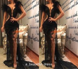Sexy Black Evening Dresses with Feather Side split Floor Length Black Full Lace Prom Gown Fashion PD5578