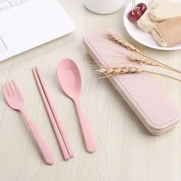 3 Pcs/set Wheat Straw Travel Tableware Cutlery Set With Dinnerware Case Cutlery Set Portable LX1060