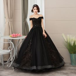 Black Ball Gown Gothic Wedding Dresses Off the Shoulder Floor Length Long Princess Beaded Lace Appliques Tulle Non White Black Bride's Dress