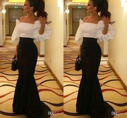 Cheap Black and White Mermaid Evening Dresses Off Shoulder Bateau Neck Puffy 3/4 Sleeves Floor Length Formal Dress Prom Evening Gowns
