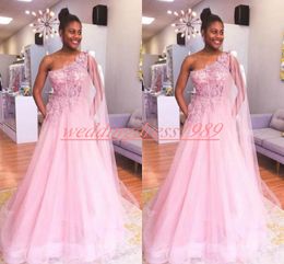 Stunning 2019 One Shoulder Evening Dresses Floral Lace Tulle Blush A-Line African Long Formal Party Gowns Vestido de noche Prom Dress