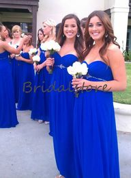 Simple Royal Blue Empire Waist Bridesmaid Dresses Summer Country Sweetheart Full Length Chiffon Beaded Sash maid of honor dresses cheap long