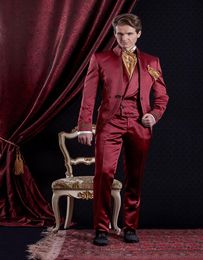 Fashion One Button Burgundy Embroidery Groom Tuxedos Stand Collar Men Suits 3 pieces Wedding Prom Blazer (Jacket+Pants+Vest) W482