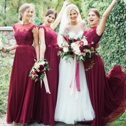 plus size beach wedding guest dresses Australia - Chic Dark Red Bridesmaid Dresses 2020 Jewel Floor Length Appliques Garden Country Beach Wedding Guest Gowns Maid Of Honor Dress Plus Size