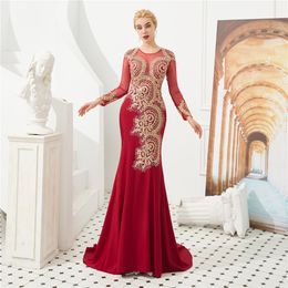 2020 New Sexy Long Sleeve Appliques Crystal Hollow Mermaid Party Gowns With Chiffon Plus Size Formal Evening Celebrity Dresses BE75
