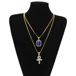 Cross Pendant Necklaces Set Men Hip Hop Jewellery Egyptian Ankh Key of Life Bling Rhinestone Charm with Red Ruby Couple Statement Necklace