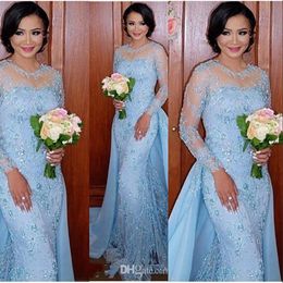 Light Sky Blue Evening Dresses Wear Jewel Neck Illusion Full Lace Appliques Beaded Long Sleeves Mermaid Overskirts Party Dress Prom Gowns 403