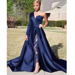 Navy Blue Evening Dresses Sexy One Shoulder Sleeve Jumpsuit Evening Gowns Soft Satin Court Train Prom Party Gowns