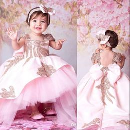 2020 Lovely Puffy Pink Flower Girls Dresses For Weddings Square Neck Short Sleeves Rose Gold Sequins Ball Gown Open Back Girl Pageant Gowns