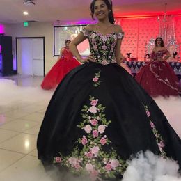 2020 Sexy Black 3D Floral Flowers Ball Gown Quinceanera Prom Dresses Cheap Off the shoulder Cap Short Sleeves masquerade evening gown 2020 Sexy Black 3D Floral Flowers Ball Gown Quinceanera Prom Dresses Cheap Off the shoulder Cap Short Sleeves masquerade evening gown