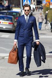 Fashion Blue Stripe Groom Tuxedos Double-Breasted Men Wedding Tuxedos Men Jacket Blazer Excellent 3 Piece Suit(Jacket+Pants+Tie+Vest) 1528