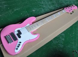 Factory Wholesale 6 Strings Pink Electric Bass Guitar with White Pickguard,Maple Fingerboard with Block Pearled Inlay,Chrome Hardware