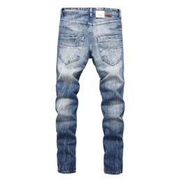 Men Jeans Thin Stretch Designer Summer Hole Blue Casual Slim Straight Jeans Fashion Trend Button Denim Pants Male Trousers Fit Large Size