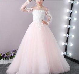 Ball Gown Flower Girls Dresses Long Sleeves Sweep Train Illusion Bodice Applique Birthday Party Girls Pageant Gowns With Bow Customized