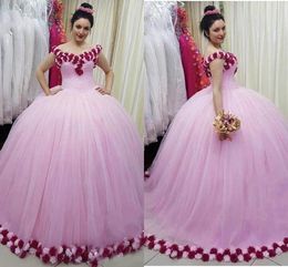 2020 New Pink Red Hand Made Flowers Ball Gown Wedding Dresses Boat Neckline Corset Back Party Dress For Sweet 16 Girls Bridal Long