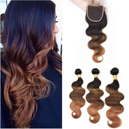 #1B/4/30 Black Brown to Auburn Ombre Body Wave Peruvian Human Hair 3Bundles and Closure 3Tone Ombre Lace Closure 4x4 with Weaves