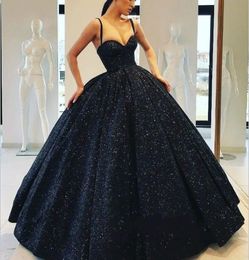 Dark Navy Prom Dresses Spaghetti Bling Glitter Ball Gown Floor Length Custom Made Gorgeous Evening Dress Formal Occasion Gowns