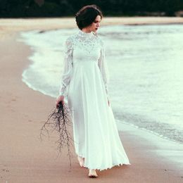 High Neck Beach Wedding Dresses With Long Sleeve Lace Chiffon Empire Waist Country Bohemian Pregnant Bridal Wedding Gown CG01177C