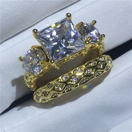 Vintage ring set Three-stone Diamond Cz Sona Stone 925 Sterling silver Anniversary wedding band ring for women men Finger Jewelry278L