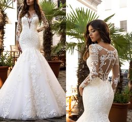 2022 Fabulous Lace Mermaid Wedding Dress With Illusion Long Sleeves Scoop See Though Back Wedding Reception Plus Size Bridal Gowns Vestidos