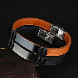 Men Popular Outdoor Sports Bracelet Real Brown Leather Stainless Steel Charm Bracelets for Sale