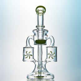 Double Recycler Bong Propeller Spinning Perc Unique Glass Bongs Green Purple Oil Dab Rigs 14mm Joint Water Pipes With Bowl