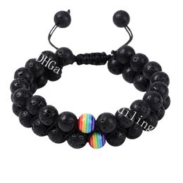 10Pcs Mens Womens Beaded Bracelet Black Lava Rock Onyx 2 Row 8mm Gemstones Handmade Adjustable Bracelet Gay Lesbian Rainbow Pride Bracelet