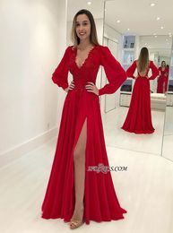 Robes de soiree kırmızı balo elbiseleri uzun kollu bölünmüş gece önlükleri sırtsız kokteyl parti elbisesi dantel resmi elbise vestidos de fiesta209s