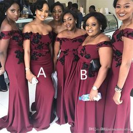 Plus Size Nigeiran African Burgundy Mermaid Bridesmaid Dresses Off Shoulder Applique Lace Maid of Honour Gowns robes de demoiselle d'honneur