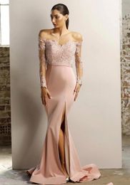 Custom Made Dusty Pink Mermaid Prom Dresses Off the Shoulder Long Sleeves High Split Evening Pageant Celebrity Dress